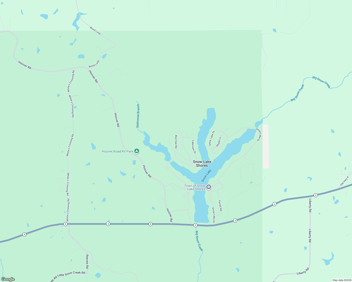 map of restaurants, bars, coffee shops, grocery stores, and more near Red Oak Road in Snow Lake Shores