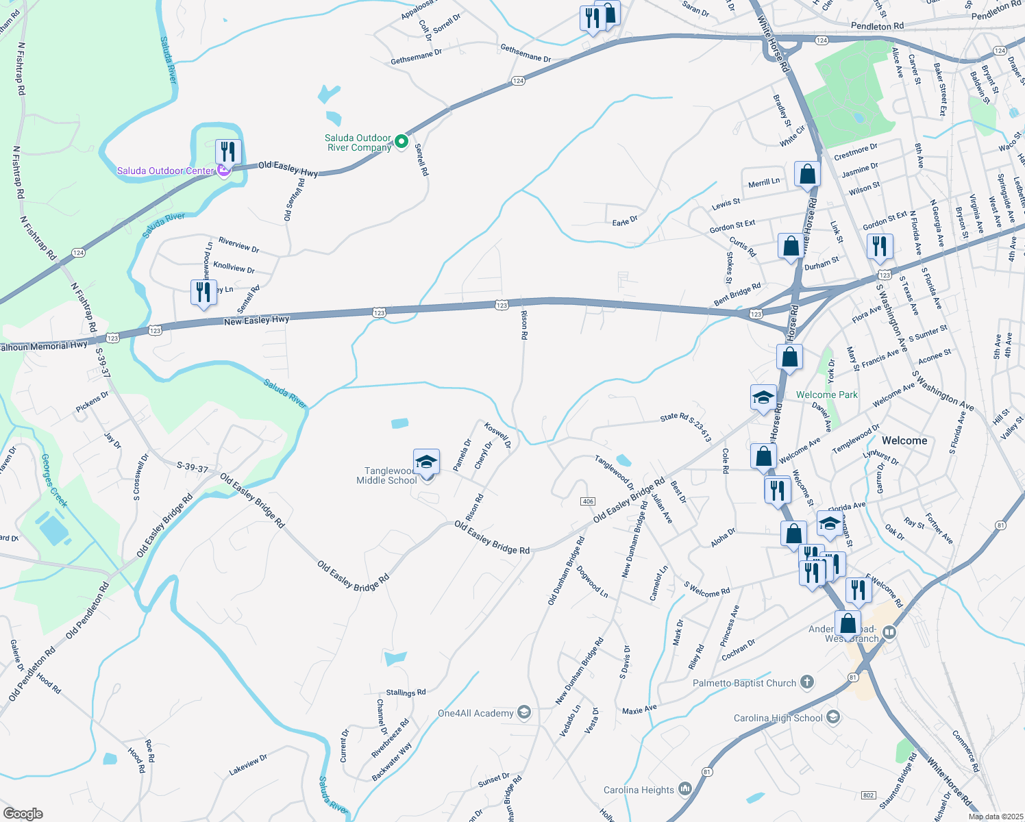 map of restaurants, bars, coffee shops, grocery stores, and more near 296 Rison Road in Greenville