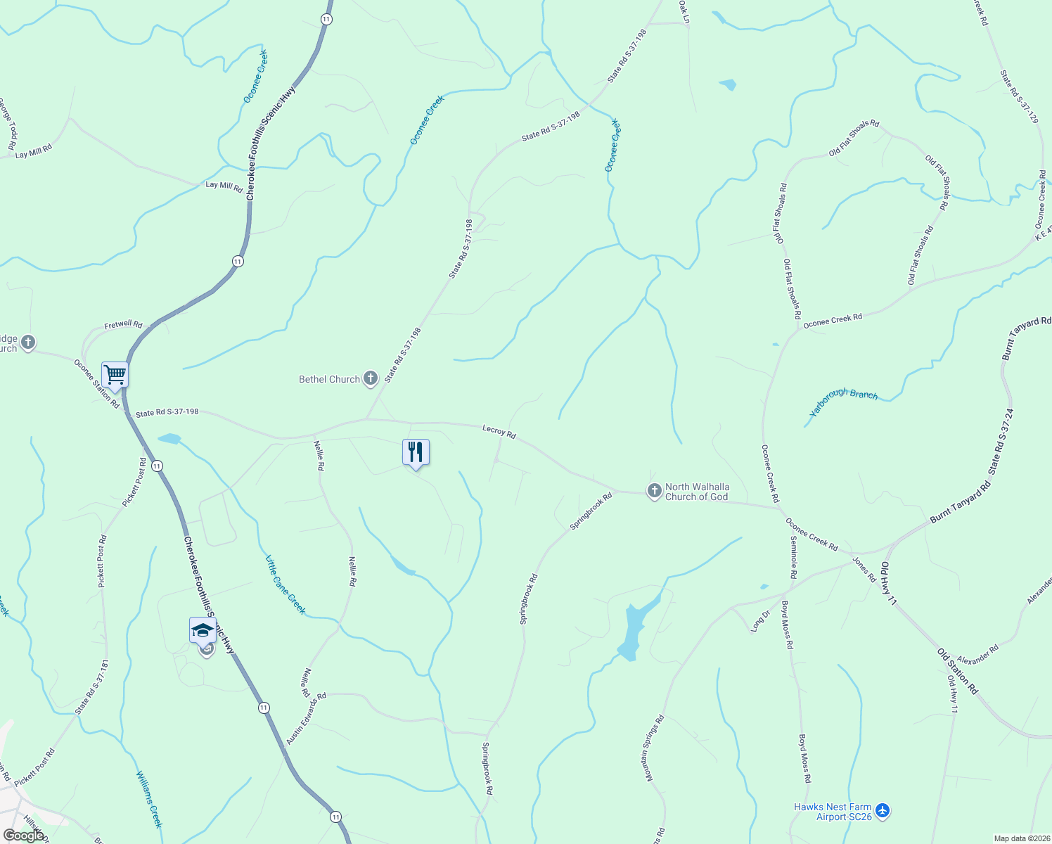 map of restaurants, bars, coffee shops, grocery stores, and more near 310 Falcons View Court in Walhalla