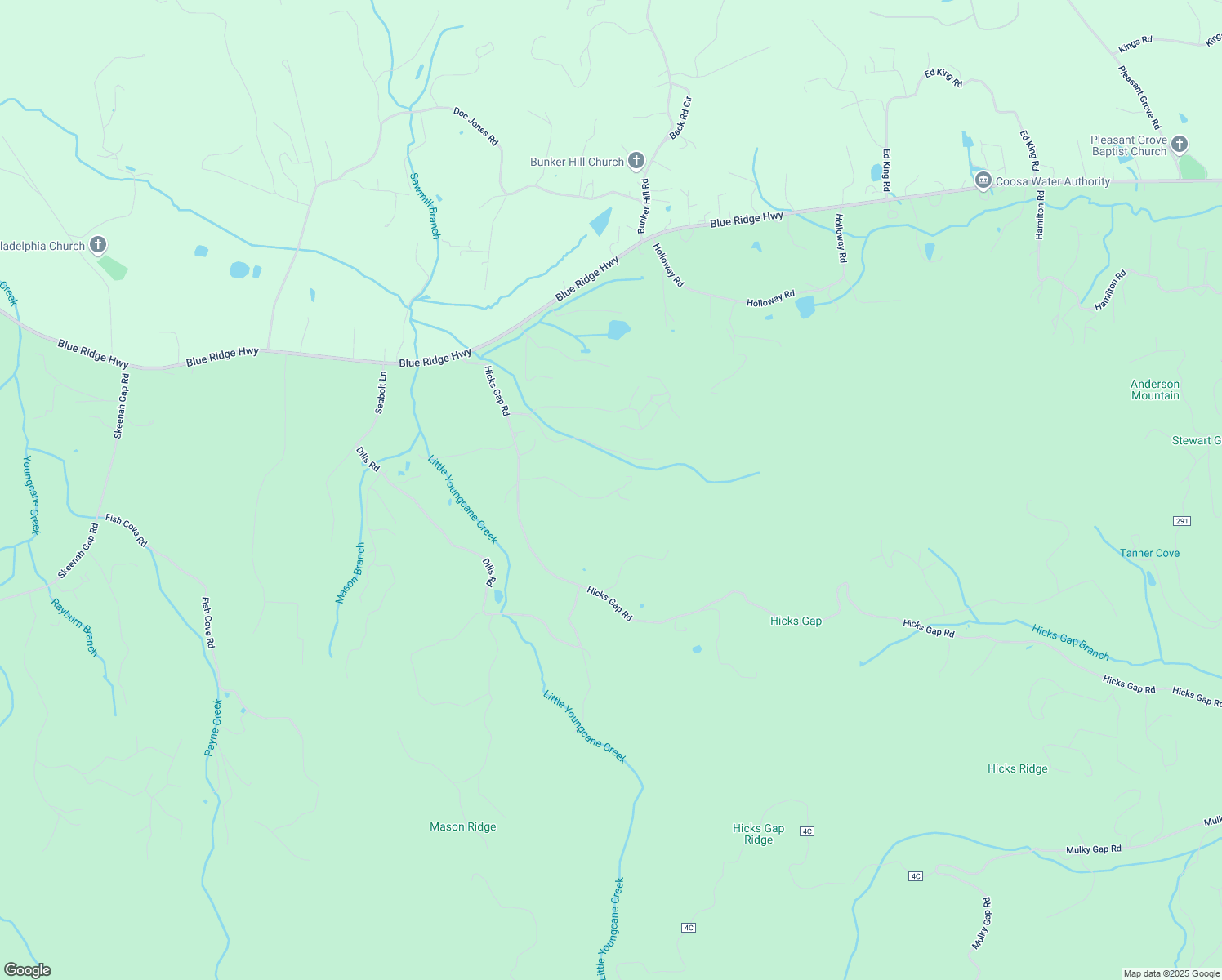 map of restaurants, bars, coffee shops, grocery stores, and more near 5345 Dettman Lane in Blairsville