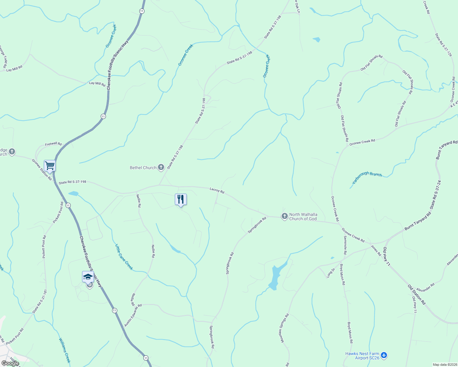 map of restaurants, bars, coffee shops, grocery stores, and more near 310 Falcons View Court in Walhalla