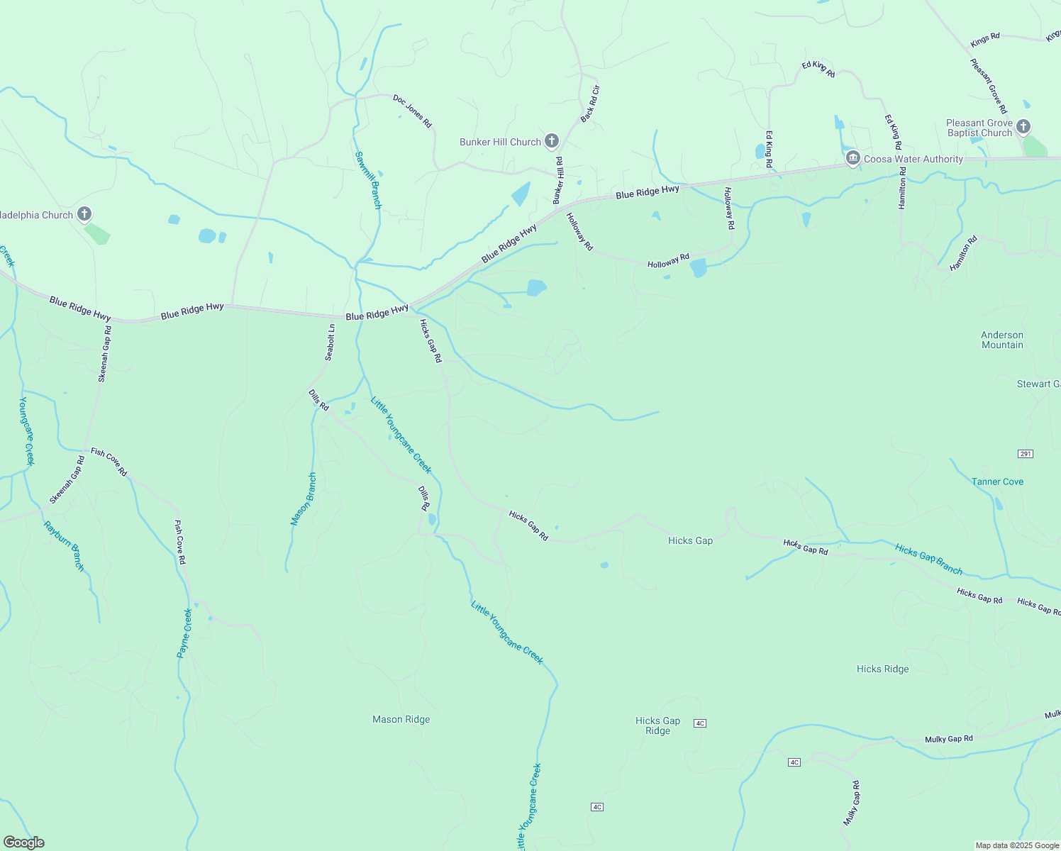 map of restaurants, bars, coffee shops, grocery stores, and more near 5345 Dettman Lane in Blairsville