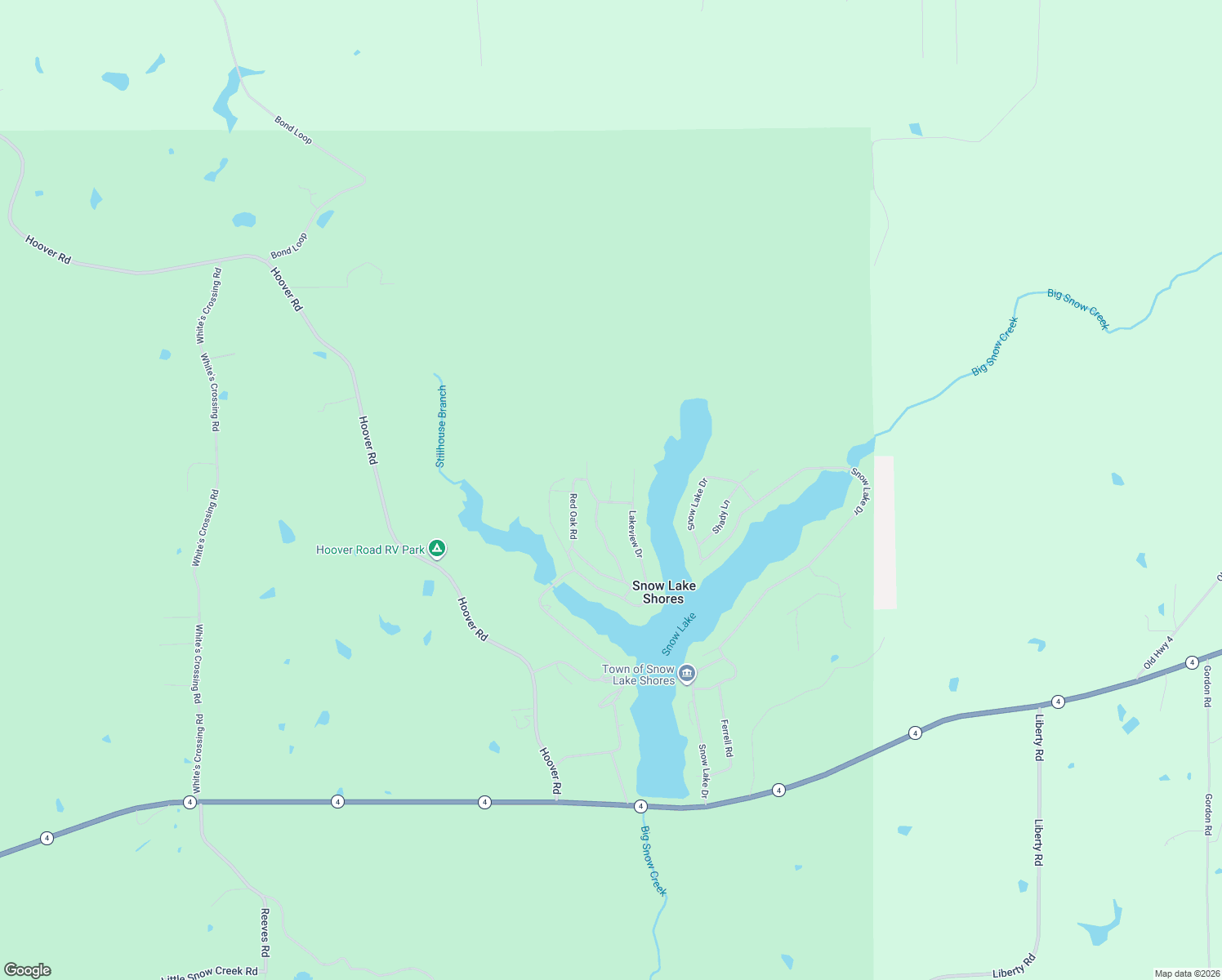 map of restaurants, bars, coffee shops, grocery stores, and more near Hickory Road in Snow Lake Shores