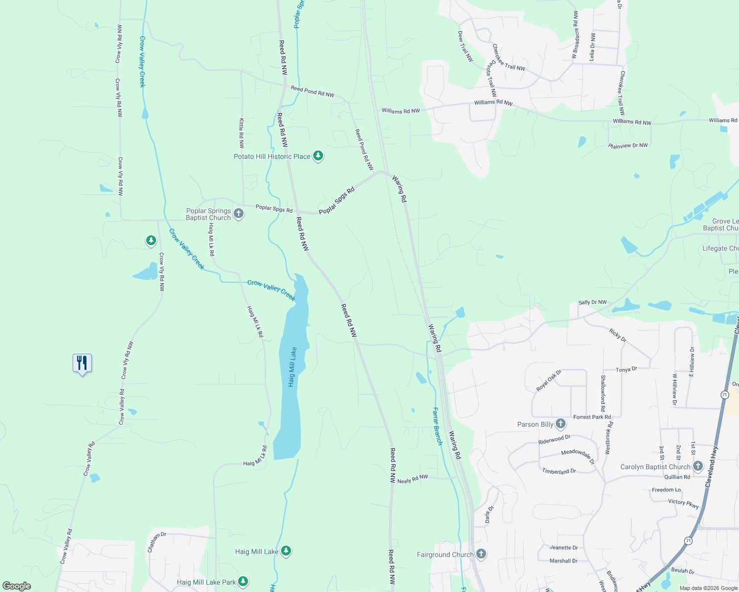 map of restaurants, bars, coffee shops, grocery stores, and more near 305 Battle Way in Dalton