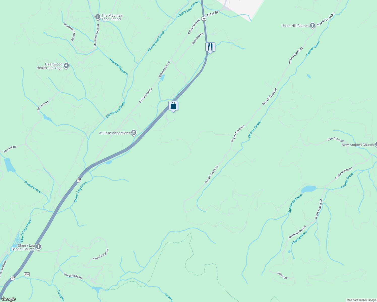 map of restaurants, bars, coffee shops, grocery stores, and more near 602 Overlook Drive in Blue Ridge