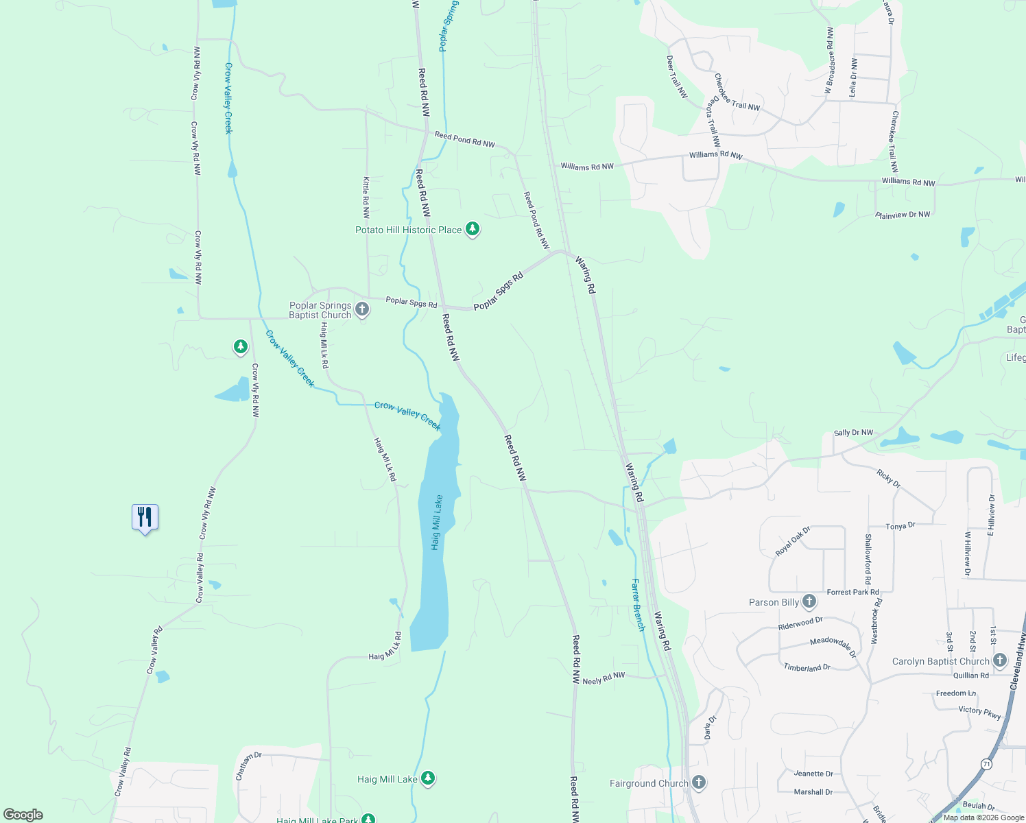 map of restaurants, bars, coffee shops, grocery stores, and more near 305 Battle Way in Dalton
