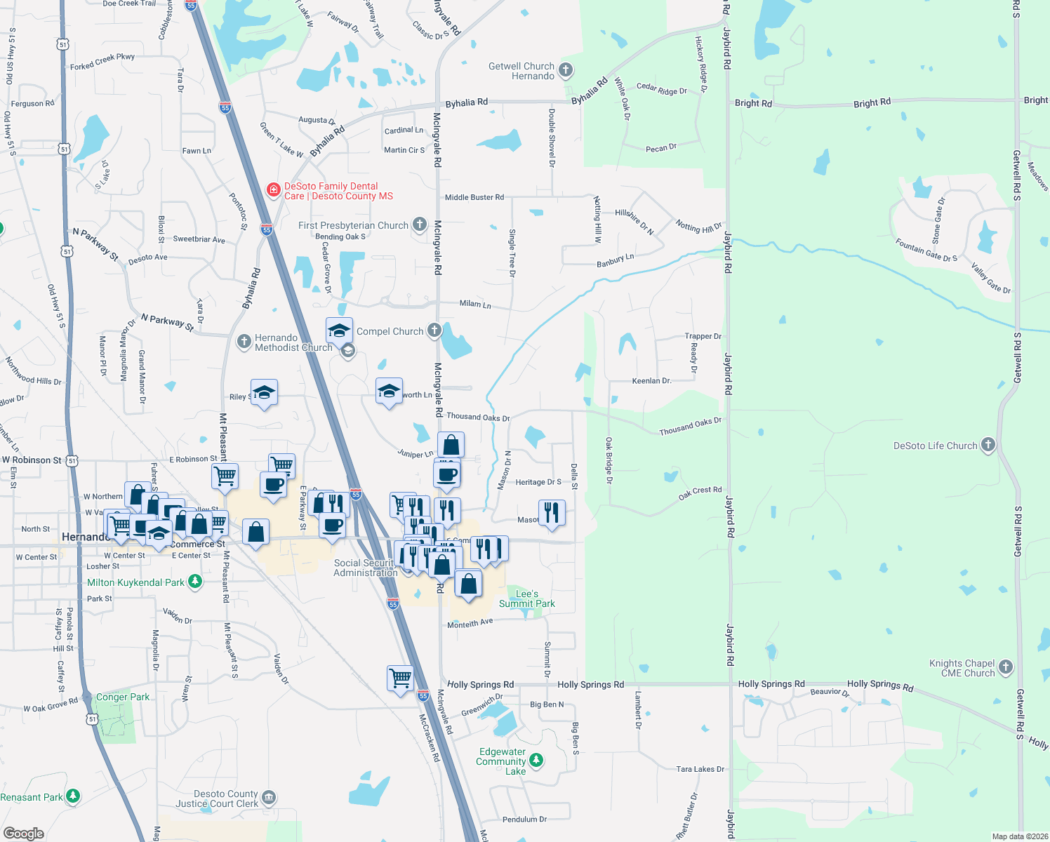 map of restaurants, bars, coffee shops, grocery stores, and more near 1245 Thousand Oaks Drive in Hernando
