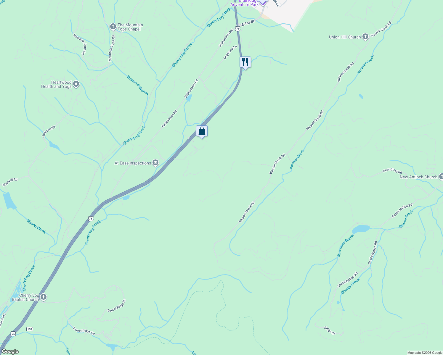 map of restaurants, bars, coffee shops, grocery stores, and more near 602 Overlook Drive in Blue Ridge