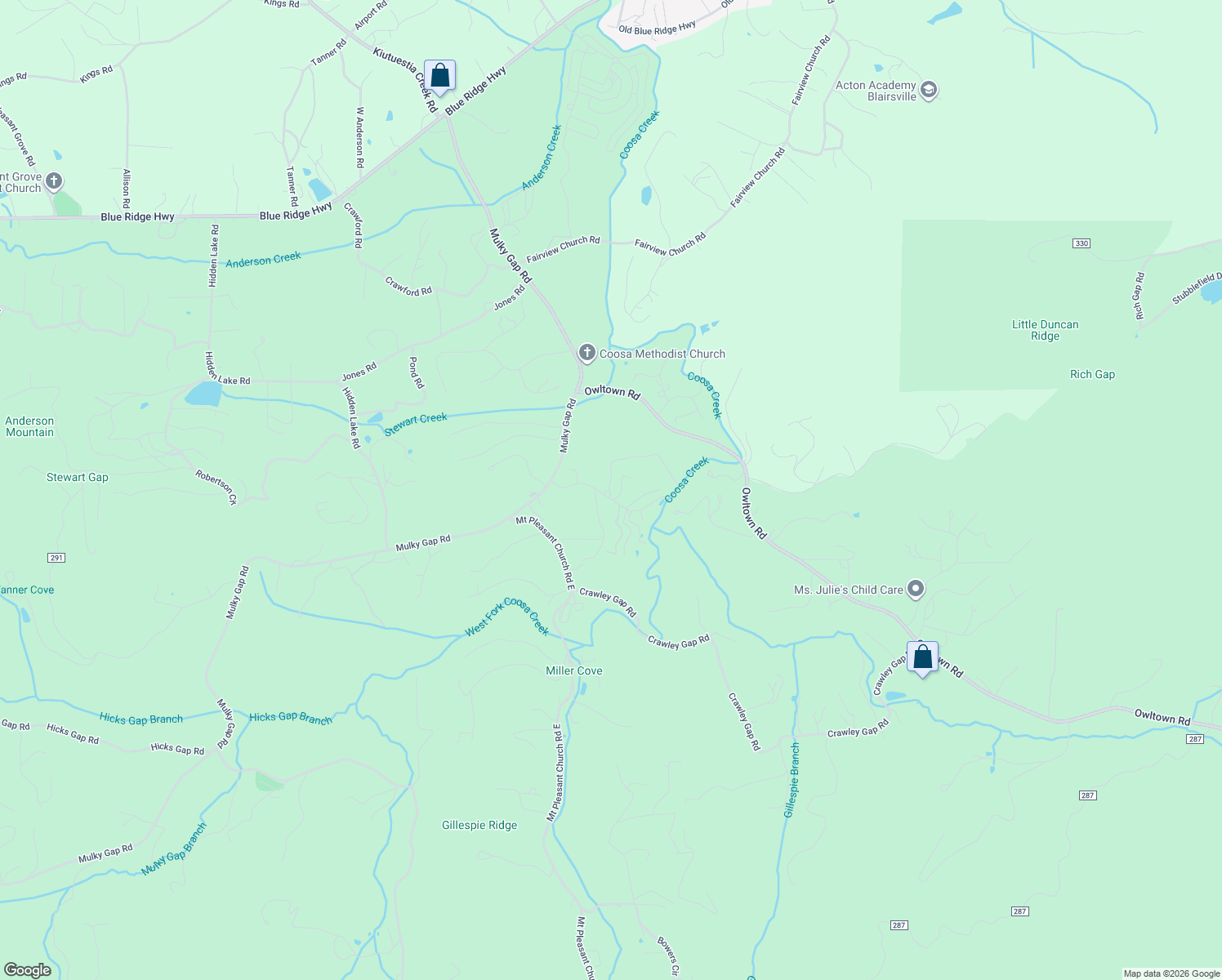 map of restaurants, bars, coffee shops, grocery stores, and more near 3111 Blossom Valley in Blairsville