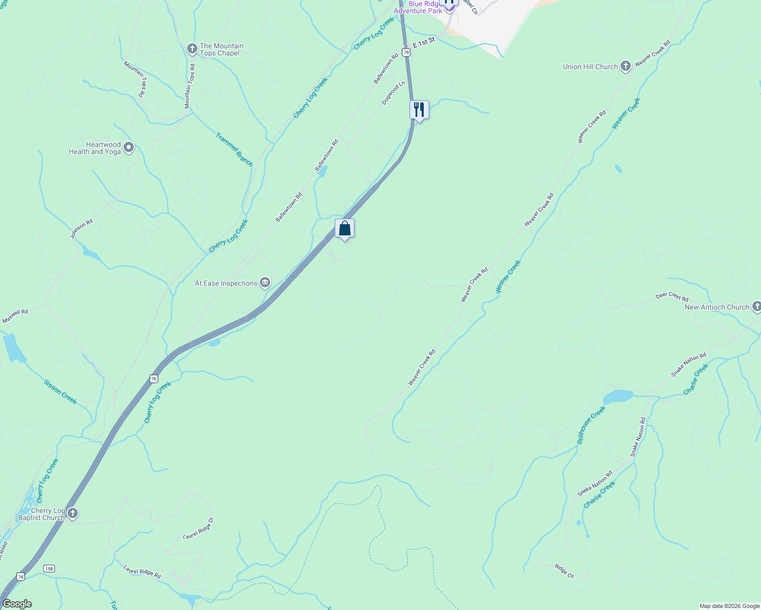 map of restaurants, bars, coffee shops, grocery stores, and more near 602 Overlook Drive in Blue Ridge
