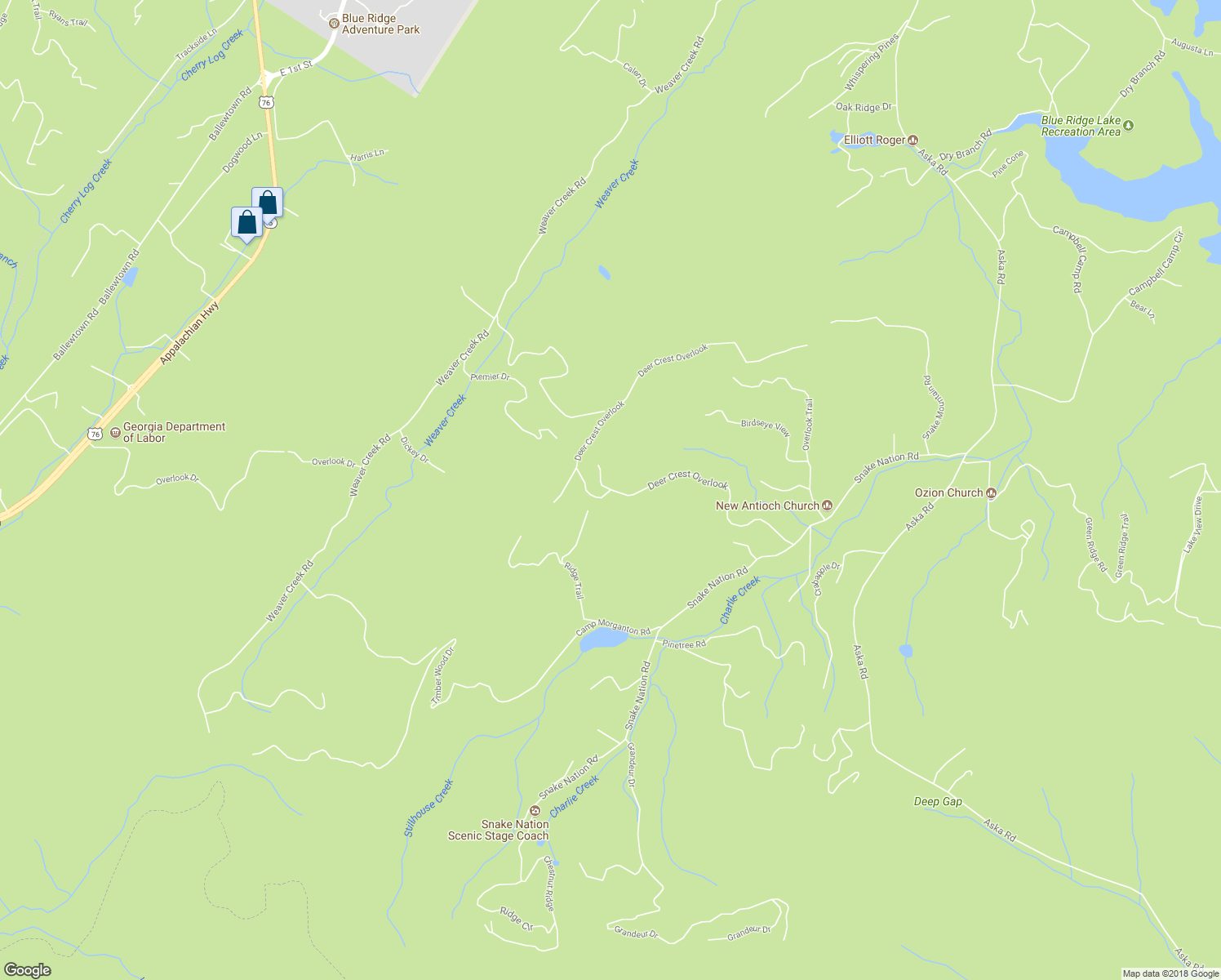 map of restaurants, bars, coffee shops, grocery stores, and more near Deer Crest Road in Blue Ridge