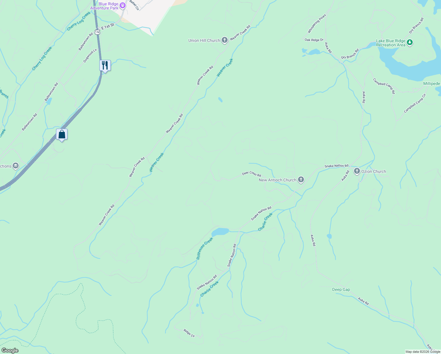 map of restaurants, bars, coffee shops, grocery stores, and more near 176 Deer Crest Road in Blue Ridge