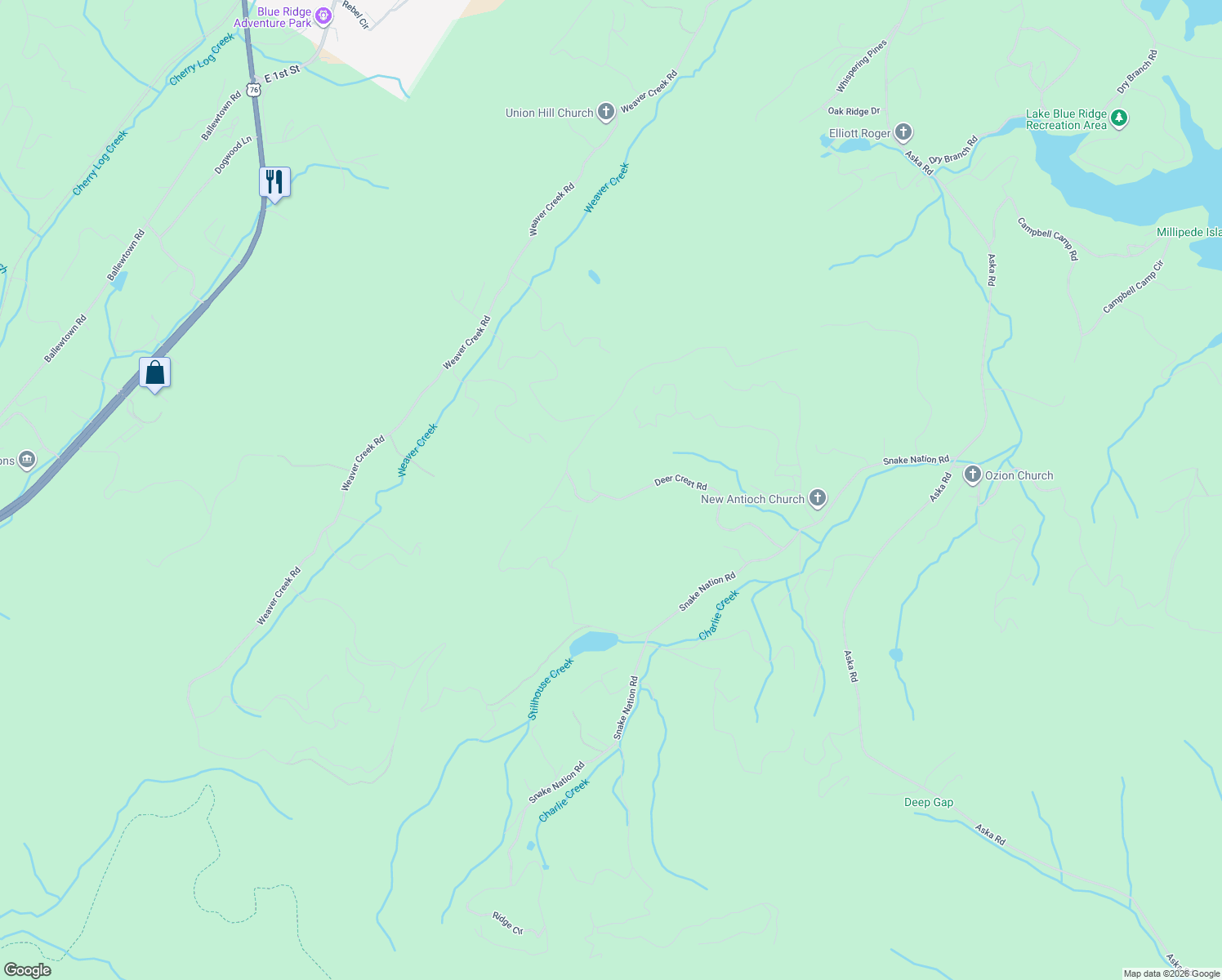 map of restaurants, bars, coffee shops, grocery stores, and more near 688 Deer Crest Road in Blue Ridge