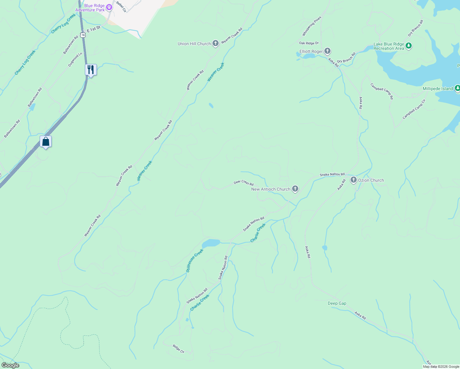 map of restaurants, bars, coffee shops, grocery stores, and more near 688 Deer Crest Road in Blue Ridge