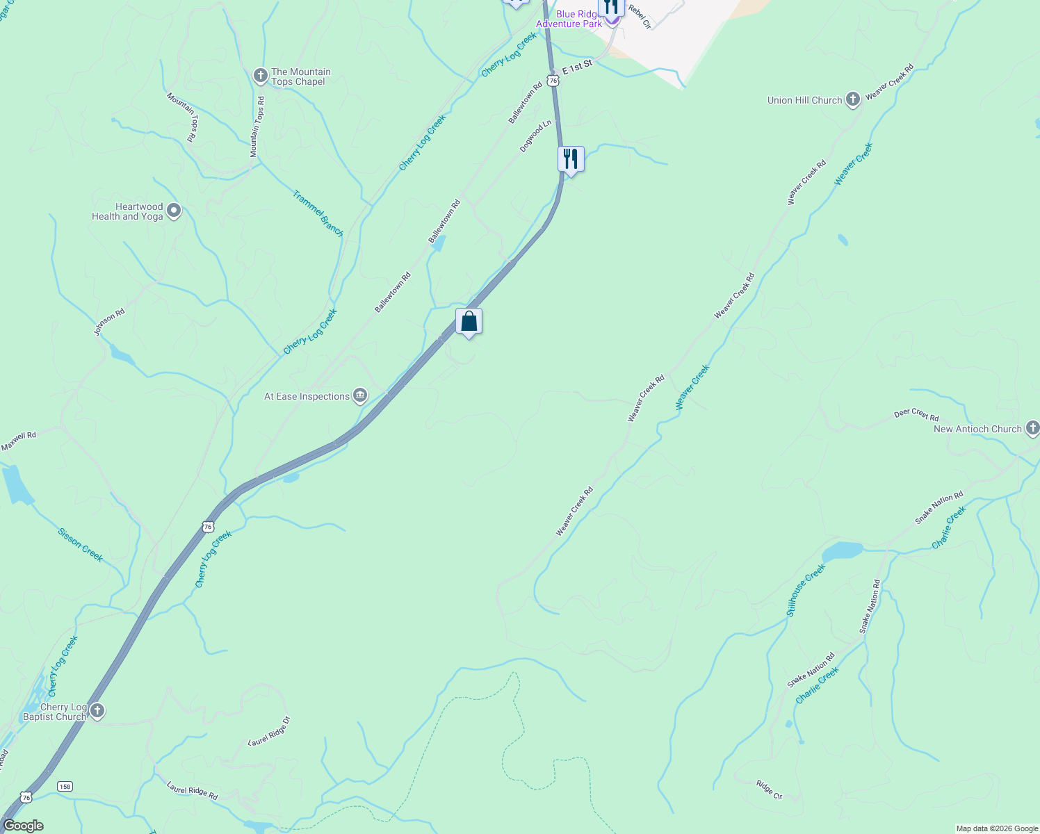 map of restaurants, bars, coffee shops, grocery stores, and more near 502 Overlook Drive in Blue Ridge
