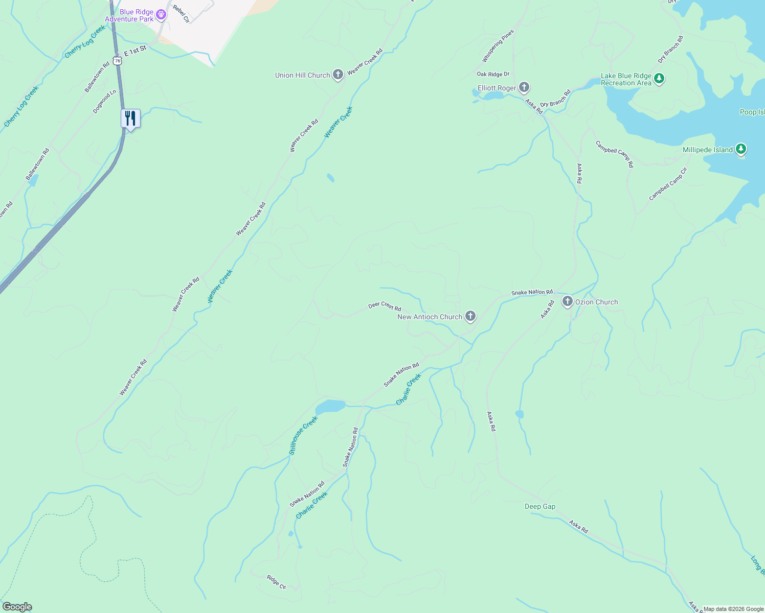map of restaurants, bars, coffee shops, grocery stores, and more near 355 Deer Crest Road in Blue Ridge