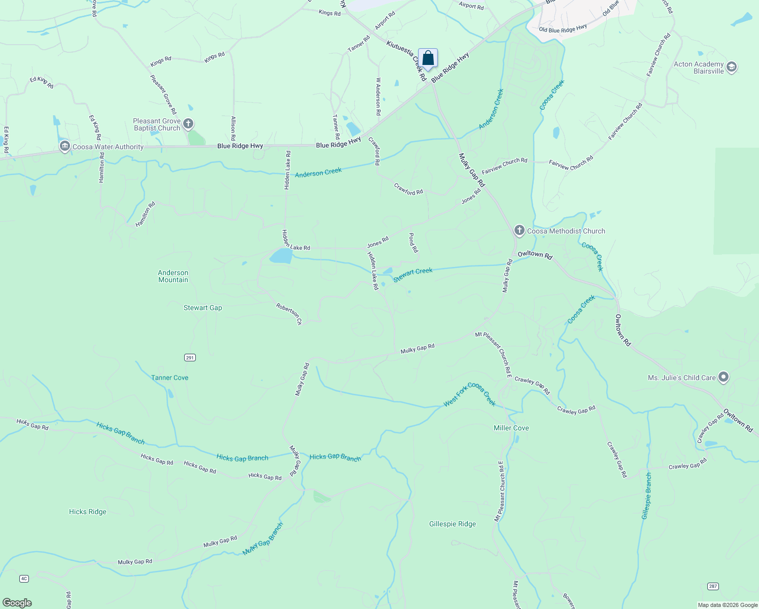 map of restaurants, bars, coffee shops, grocery stores, and more near 2727 Poplar Ridge Drive in Blairsville