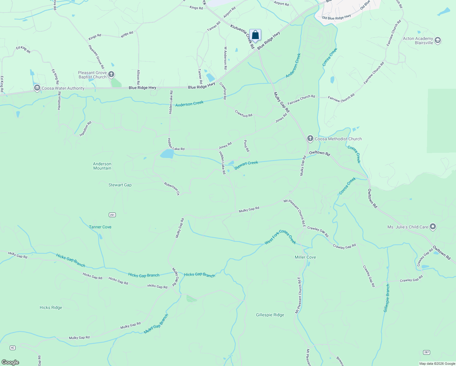 map of restaurants, bars, coffee shops, grocery stores, and more near 1209 Hidden Lake Road in Blairsville