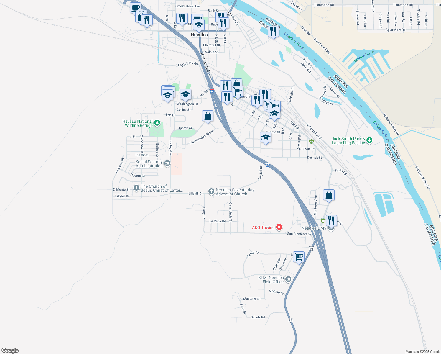 map of restaurants, bars, coffee shops, grocery stores, and more near 1359 Redwood Avenue in Needles