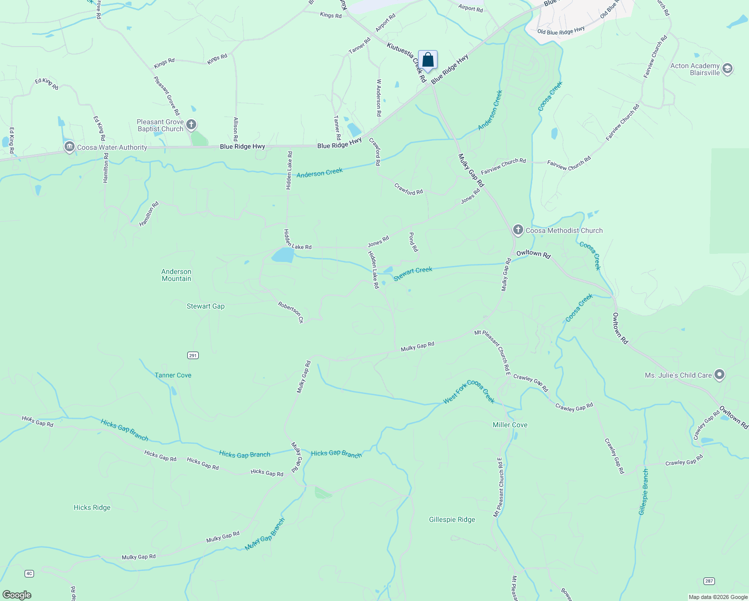 map of restaurants, bars, coffee shops, grocery stores, and more near 2727 Poplar Ridge Drive in Blairsville