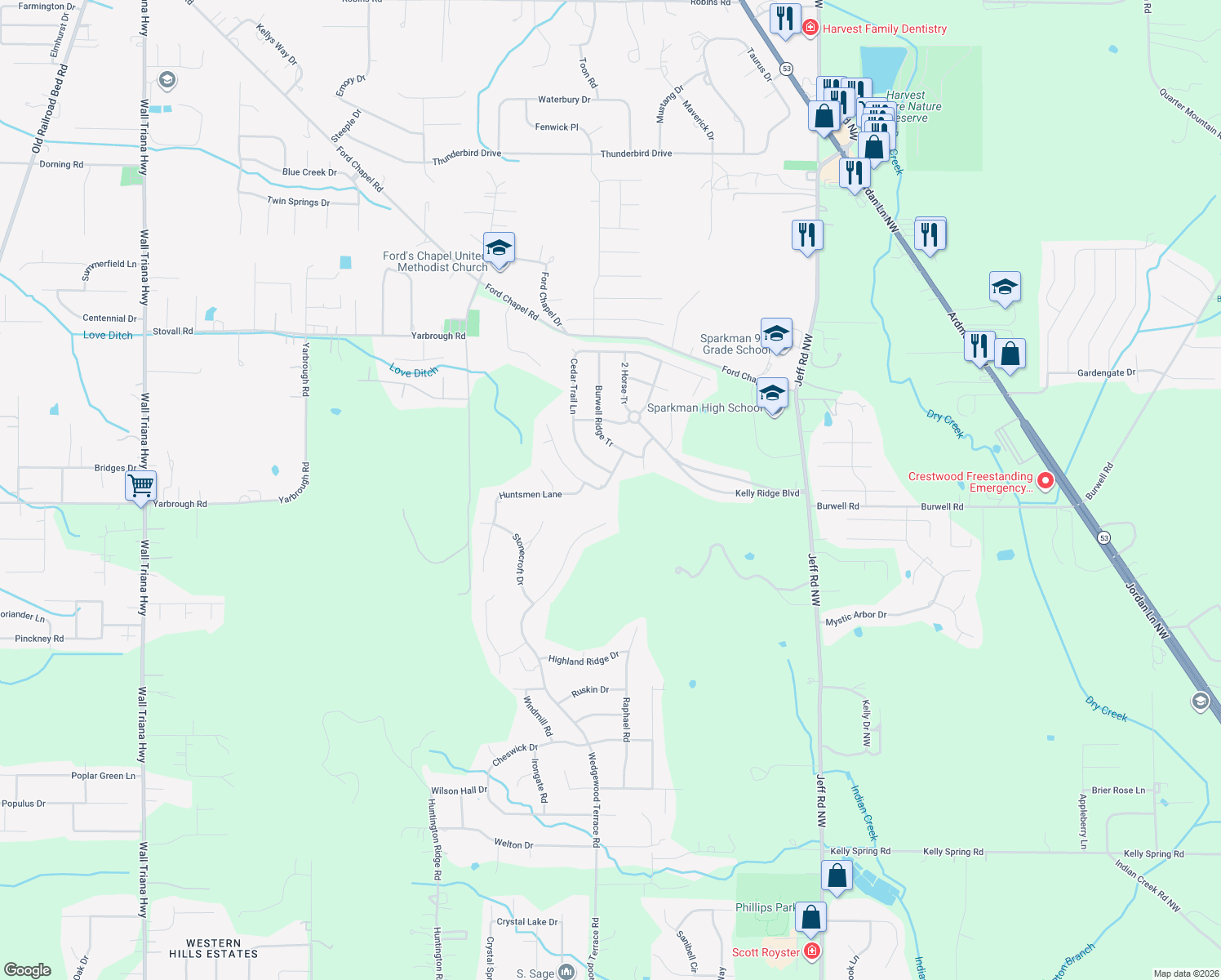 map of restaurants, bars, coffee shops, grocery stores, and more near 107 Megans Mews Drive in Harvest