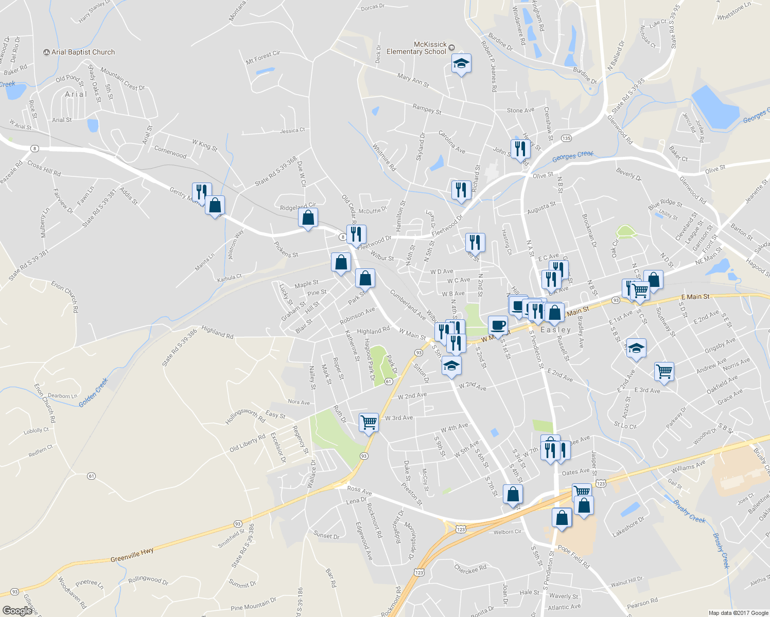 map of restaurants, bars, coffee shops, grocery stores, and more near 610 West Main Street in Easley