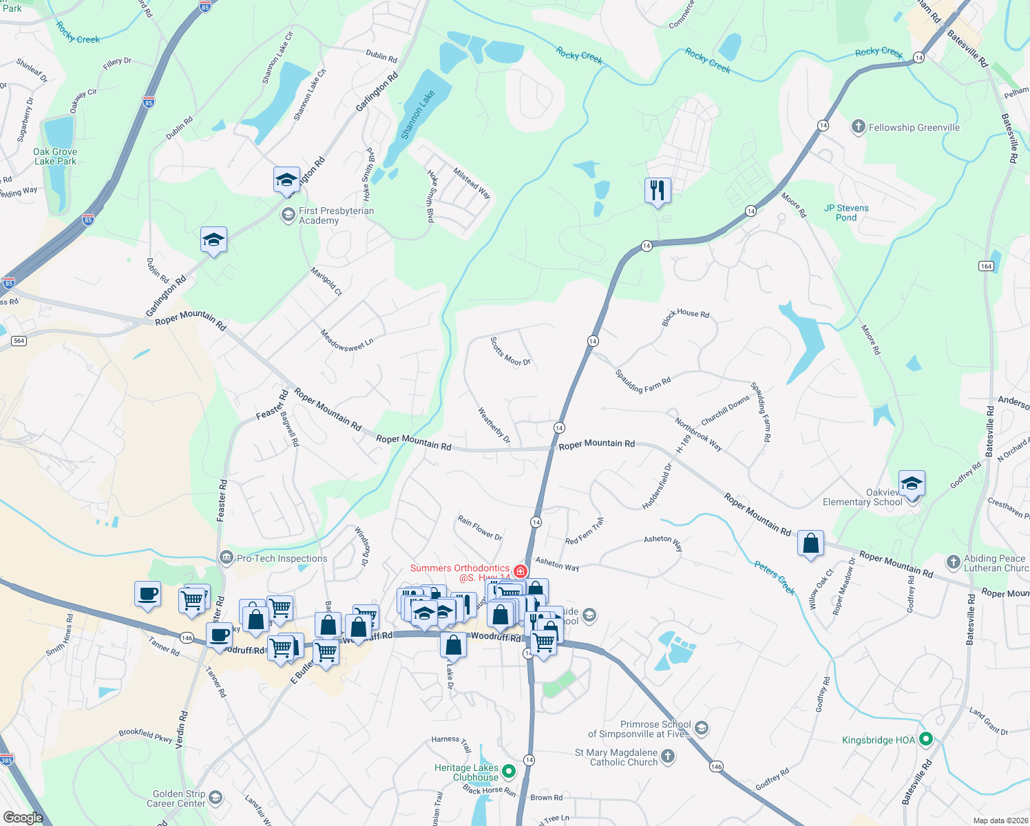 map of restaurants, bars, coffee shops, grocery stores, and more near 102 Meeting Place in Greenville