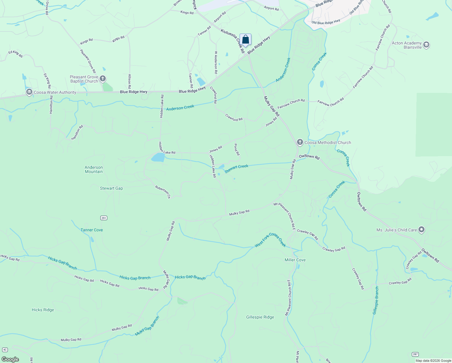 map of restaurants, bars, coffee shops, grocery stores, and more near 1209 Hidden Lake Road in Blairsville