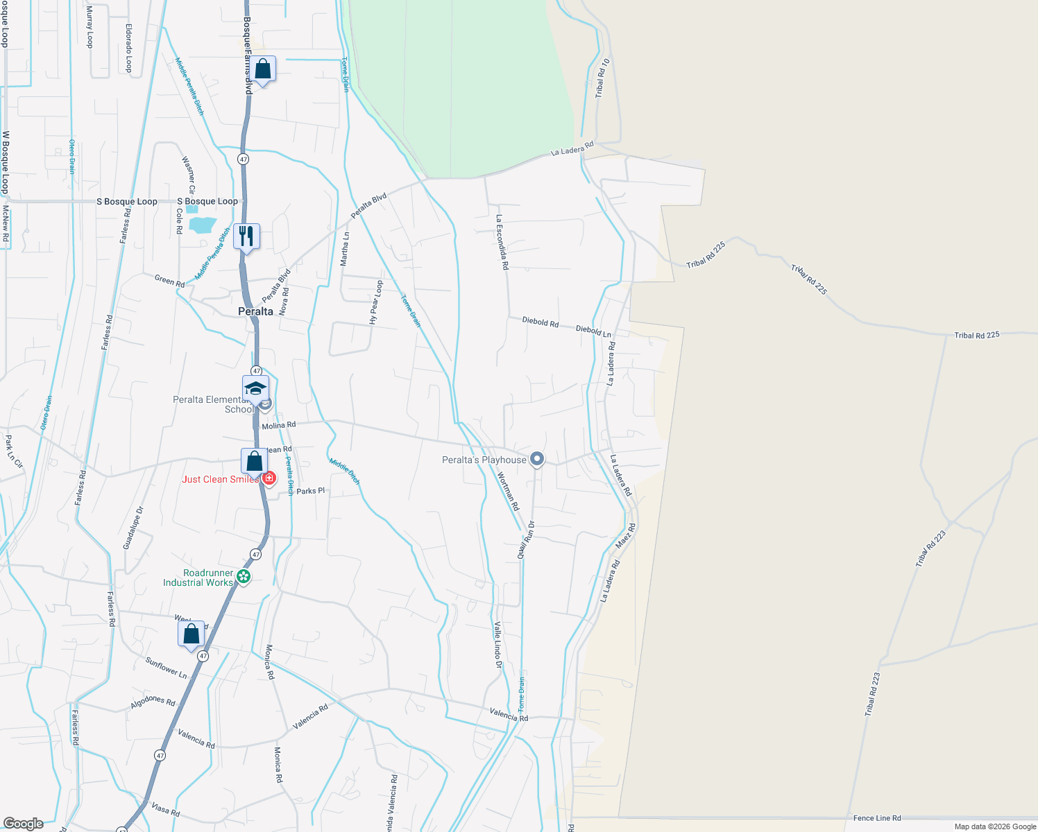 map of restaurants, bars, coffee shops, grocery stores, and more near 18 Alderete Road in Peralta