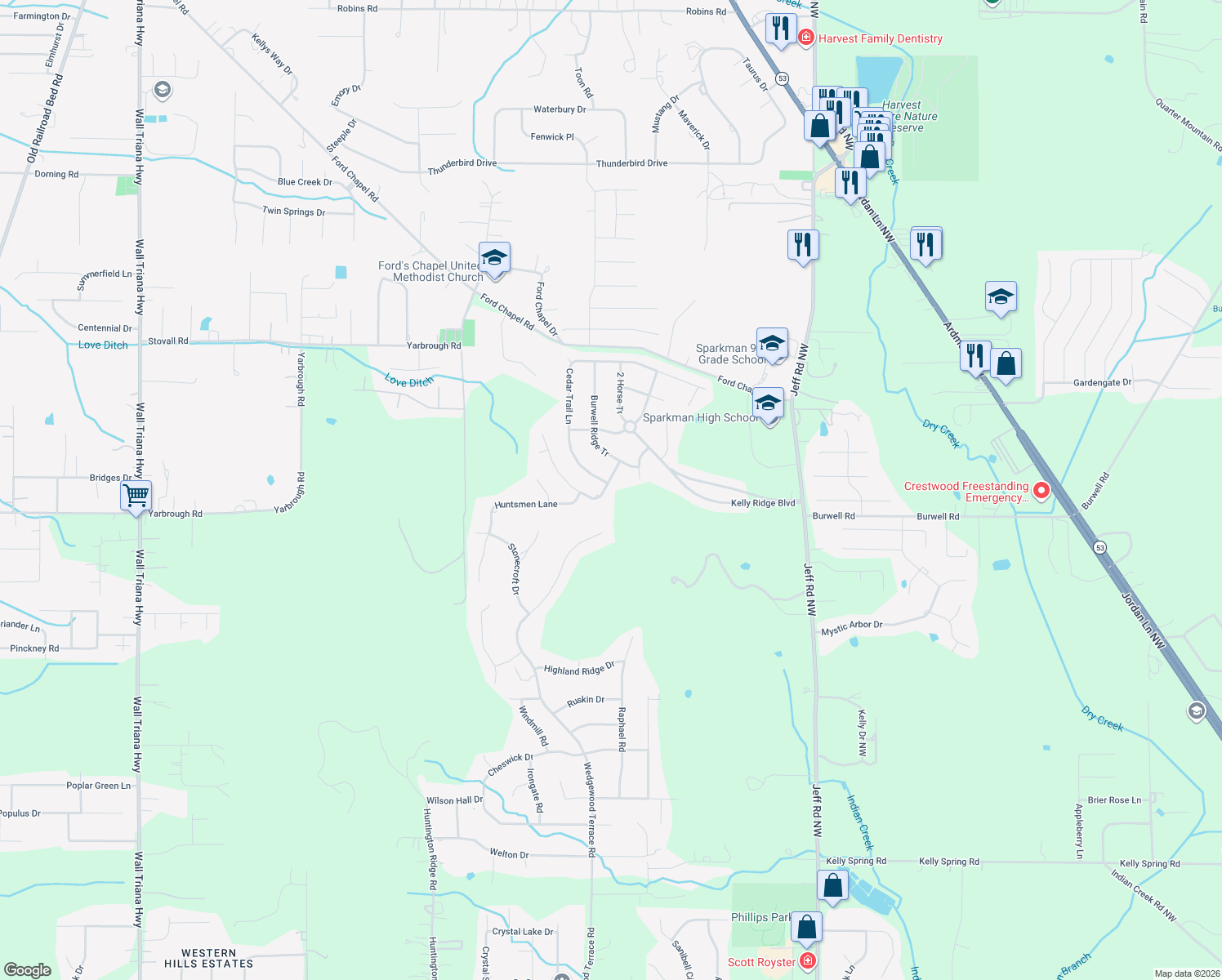 map of restaurants, bars, coffee shops, grocery stores, and more near 107 Megans Mews Drive in Harvest
