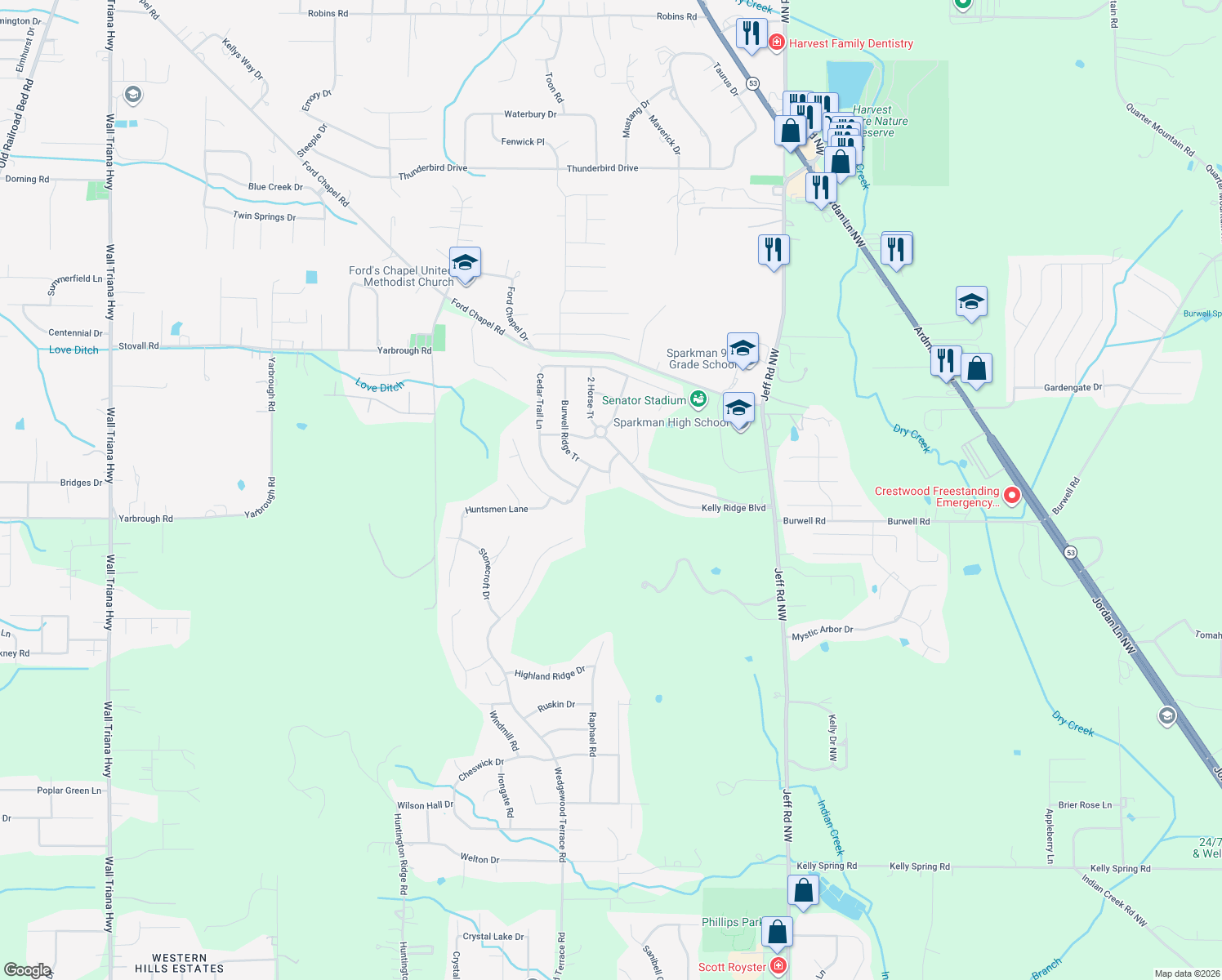 map of restaurants, bars, coffee shops, grocery stores, and more near 109 Jeff View Court in Harvest