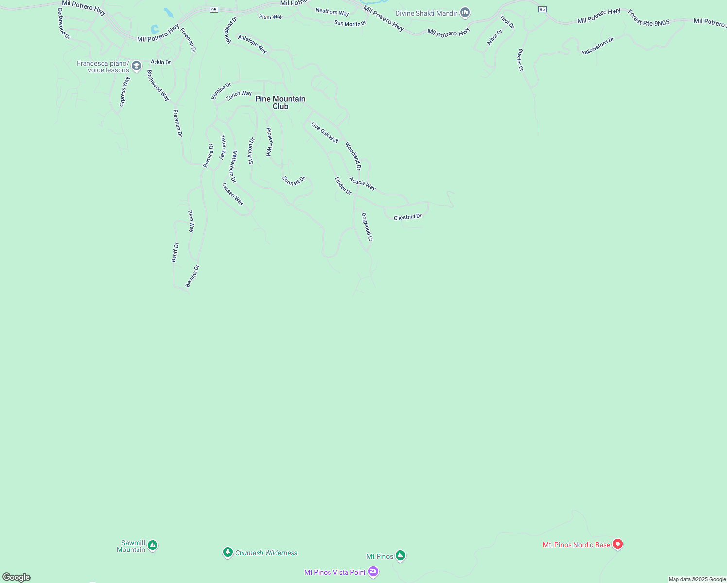 map of restaurants, bars, coffee shops, grocery stores, and more near 1216 Woodland Drive in Pine Mountain Club