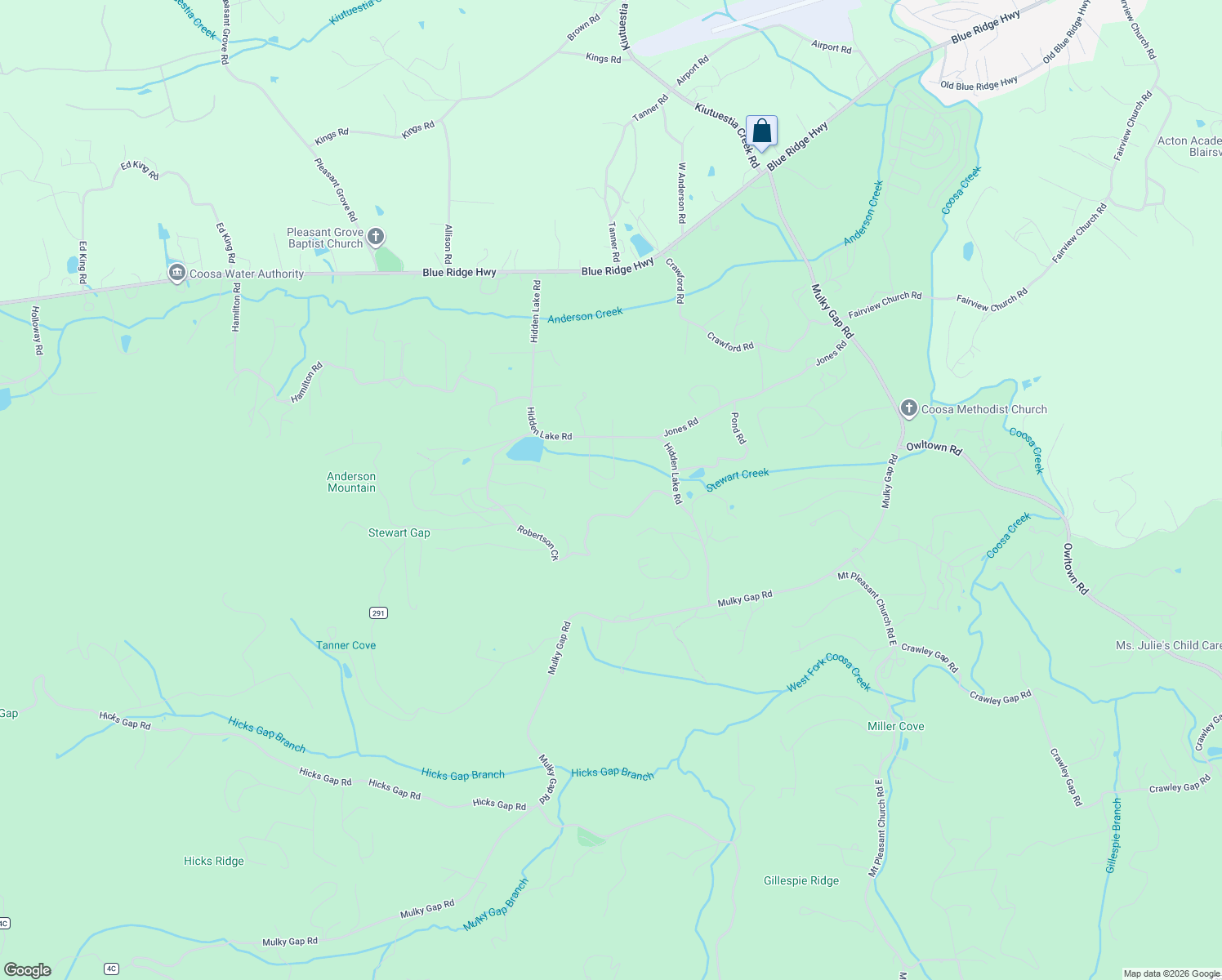 map of restaurants, bars, coffee shops, grocery stores, and more near 2837 Hidden Lake Road in Blairsville