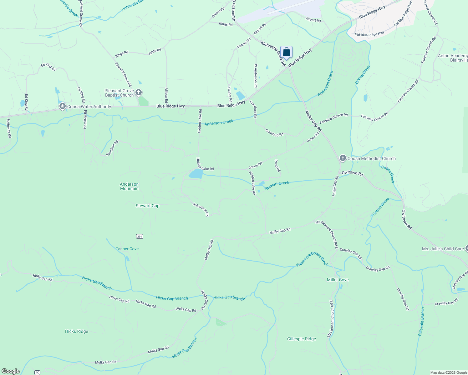 map of restaurants, bars, coffee shops, grocery stores, and more near 2837 Hidden Lake Road in Blairsville