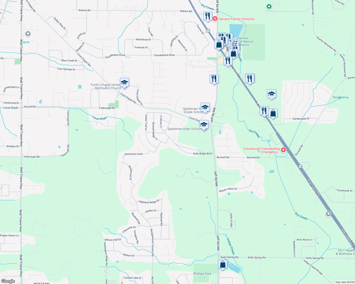 map of restaurants, bars, coffee shops, grocery stores, and more near 245 Kelly Ridge Blvd in Harvest