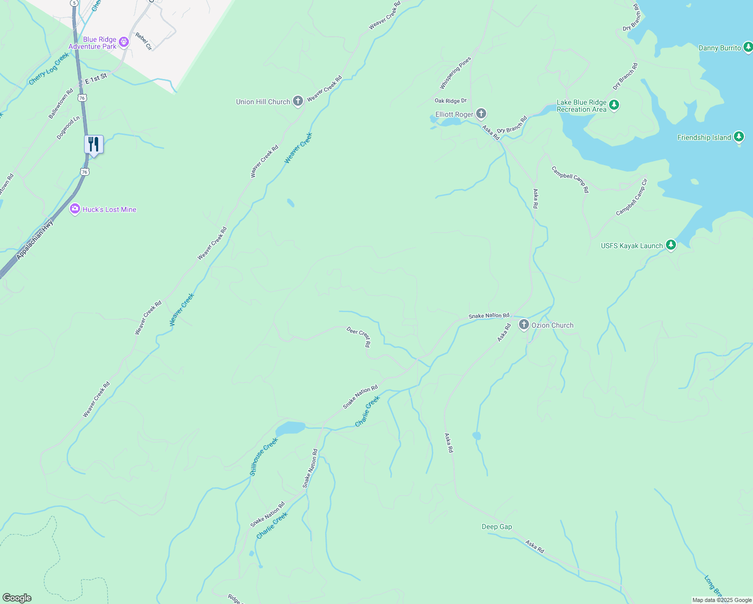 map of restaurants, bars, coffee shops, grocery stores, and more near 339 Birdseye View in Blue Ridge