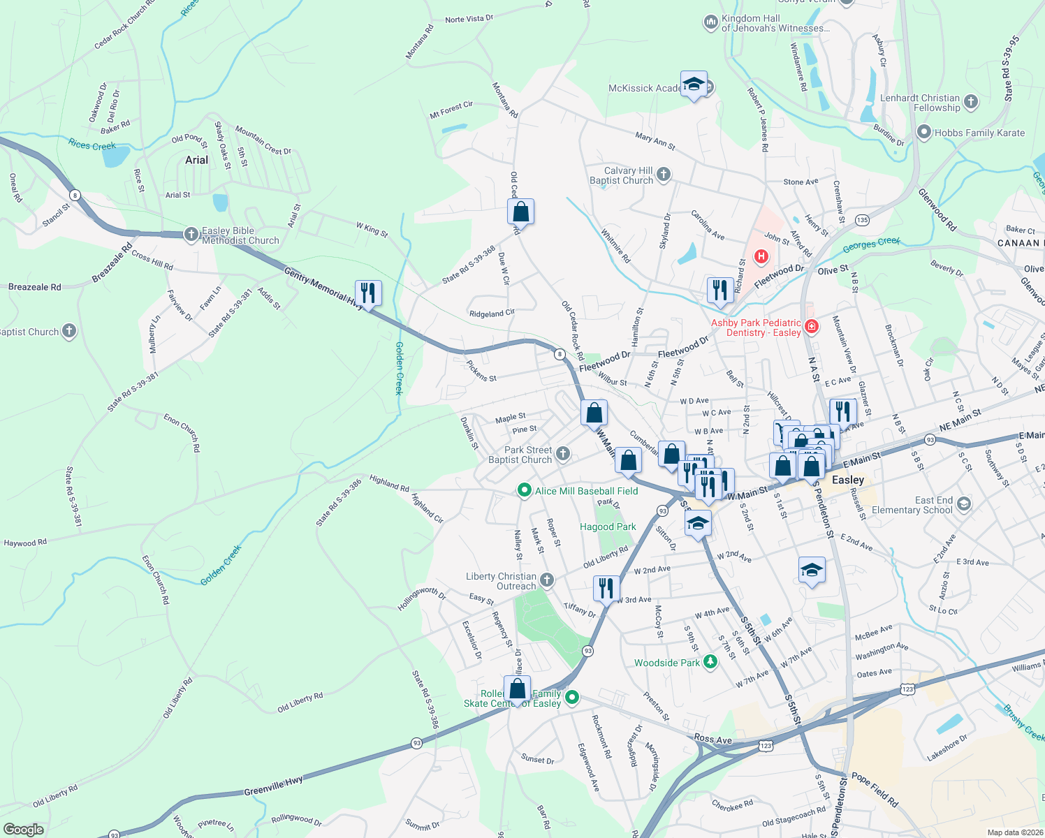map of restaurants, bars, coffee shops, grocery stores, and more near 109 Maple Street in Easley