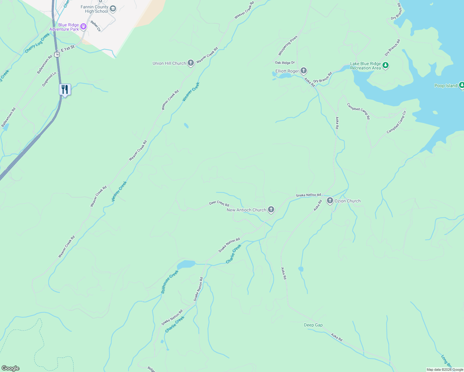map of restaurants, bars, coffee shops, grocery stores, and more near 339 Birdseye View in Blue Ridge