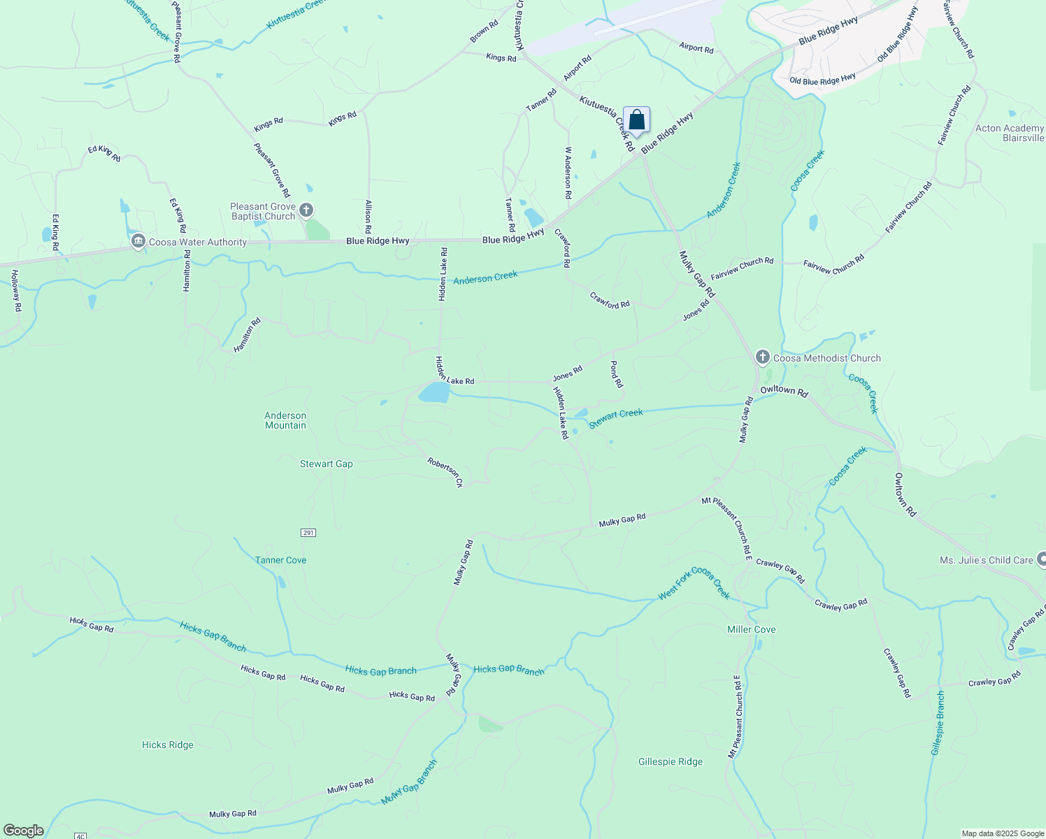 map of restaurants, bars, coffee shops, grocery stores, and more near 718 Hidden Lake Road in Blairsville