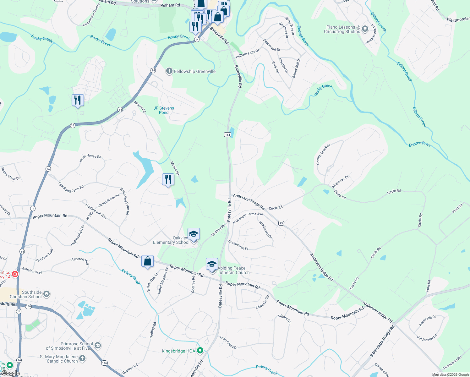 map of restaurants, bars, coffee shops, grocery stores, and more near 405 Wennington Place in Greer