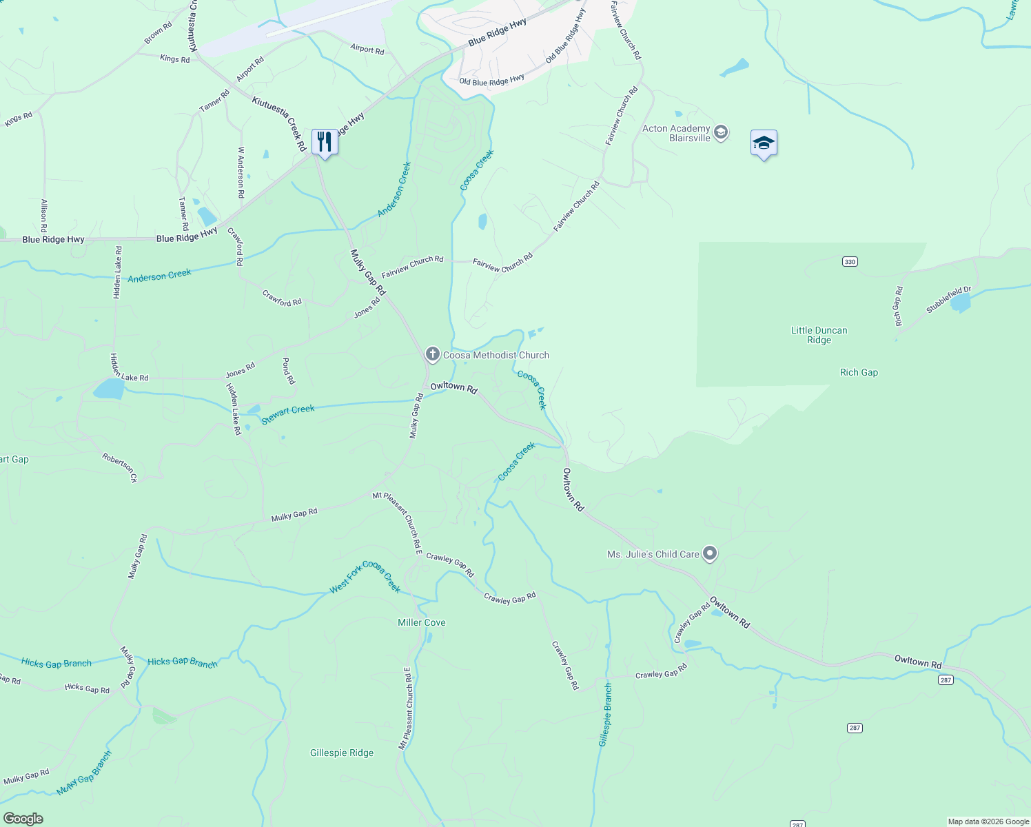 map of restaurants, bars, coffee shops, grocery stores, and more near 2920 Chinquapin Place in Blairsville