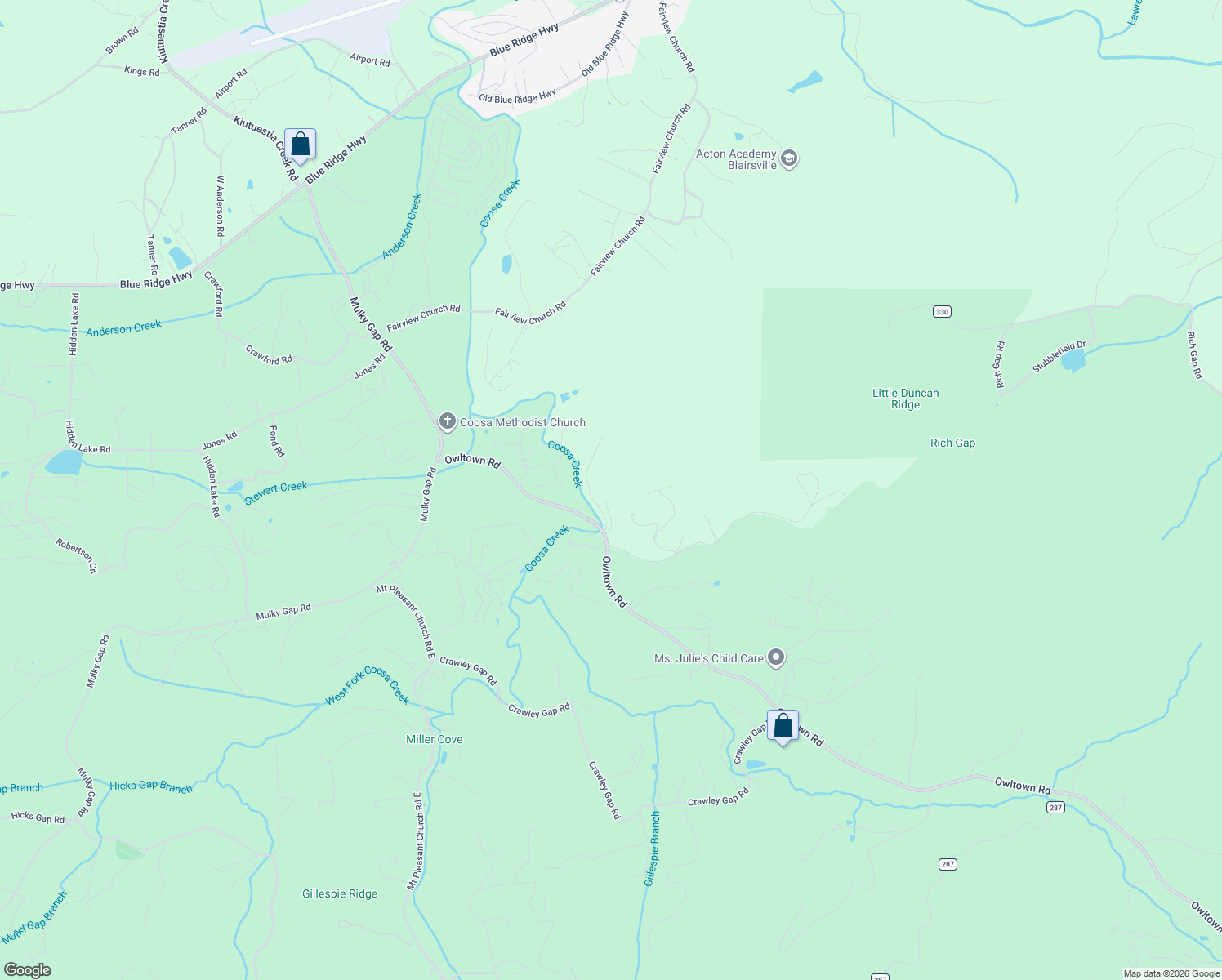 map of restaurants, bars, coffee shops, grocery stores, and more near 143 O'Possum Road in Blairsville