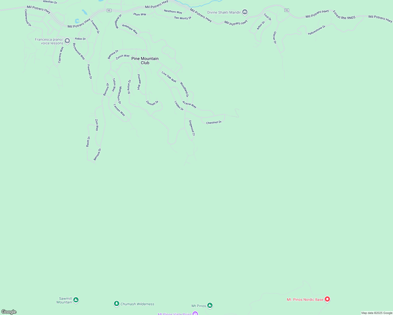 map of restaurants, bars, coffee shops, grocery stores, and more near 1216 Woodland Drive in Pine Mountain Club
