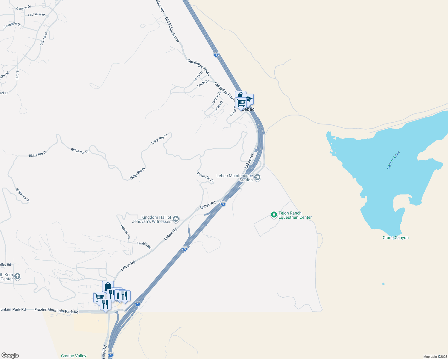 map of restaurants, bars, coffee shops, grocery stores, and more near 1588 Ridge Route Drive in Lebec