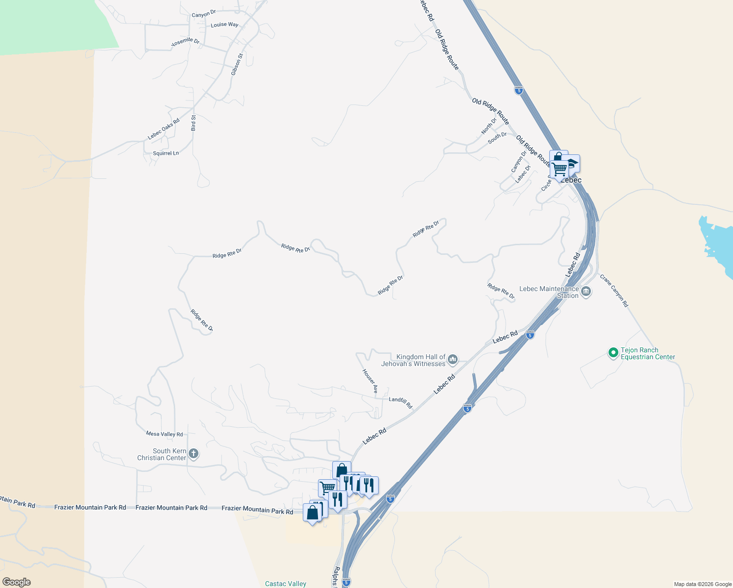 map of restaurants, bars, coffee shops, grocery stores, and more near Ridge Route Drive in Lebec