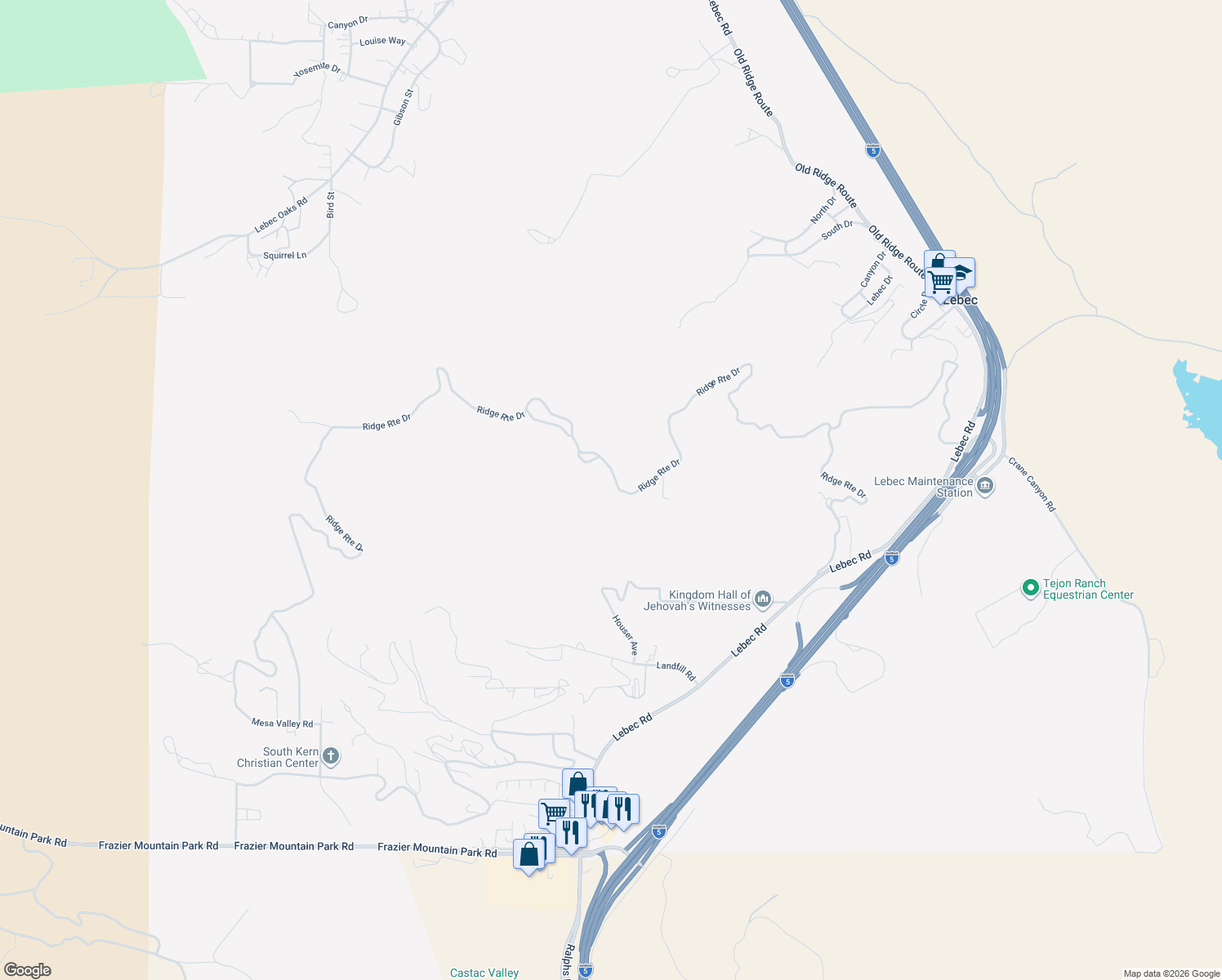 map of restaurants, bars, coffee shops, grocery stores, and more near Ridge Route Drive in Lebec