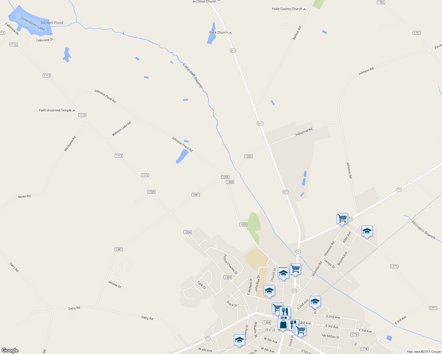 map of restaurants, bars, coffee shops, grocery stores, and more near Springside Road in Red Springs