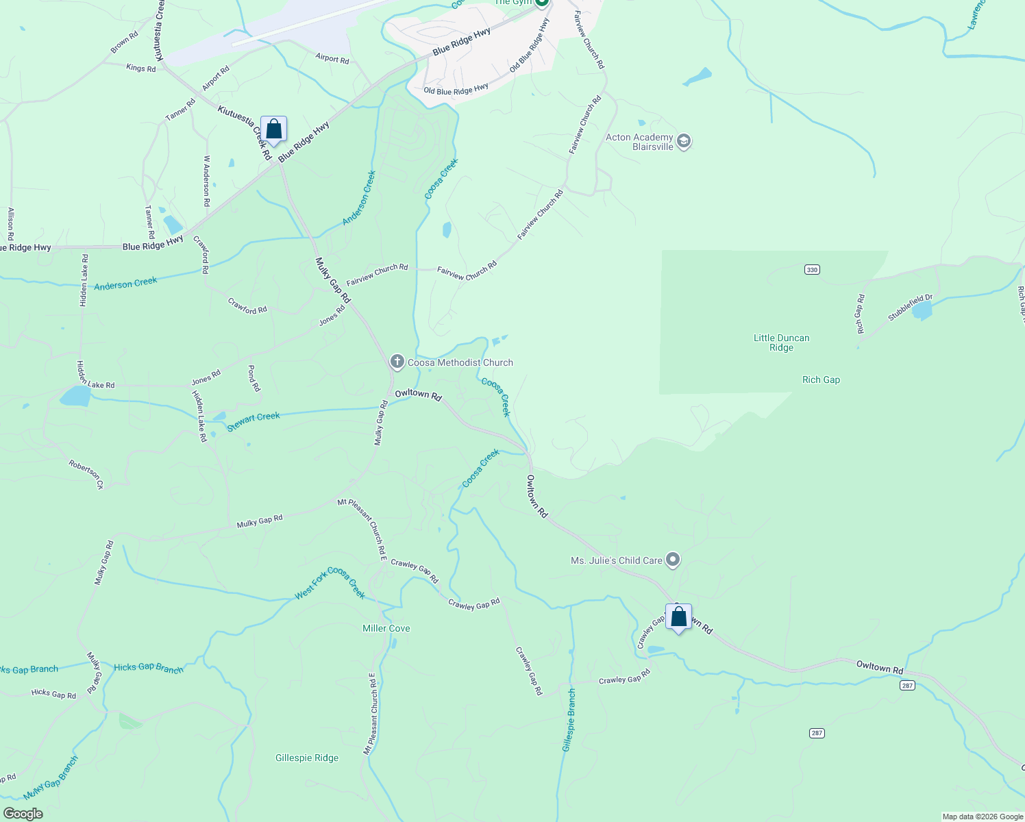 map of restaurants, bars, coffee shops, grocery stores, and more near 2973 Chinquapin Place in Blairsville