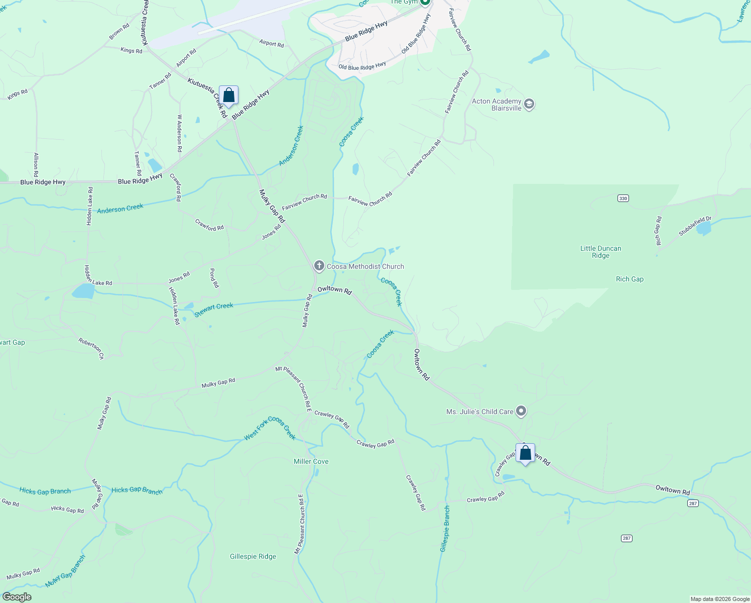 map of restaurants, bars, coffee shops, grocery stores, and more near 2920 Chinquapin Place in Blairsville