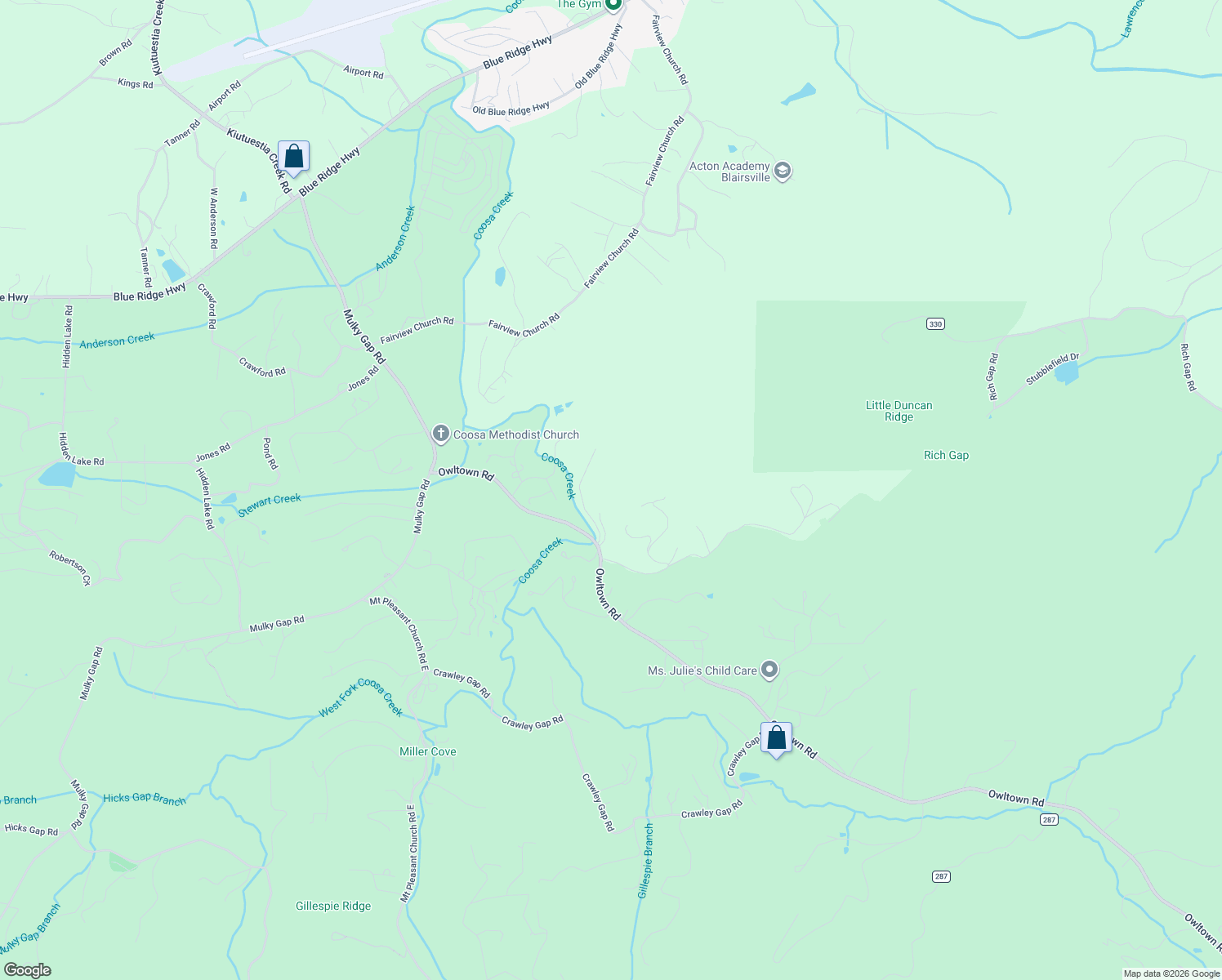 map of restaurants, bars, coffee shops, grocery stores, and more near 143 O'Possum Road in Blairsville